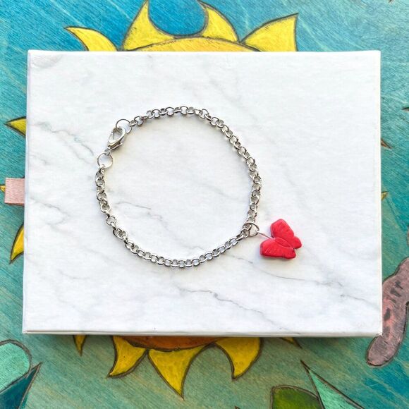 Red Butterfly Charm Silver Chain Bracelet - Picture 4 of 5